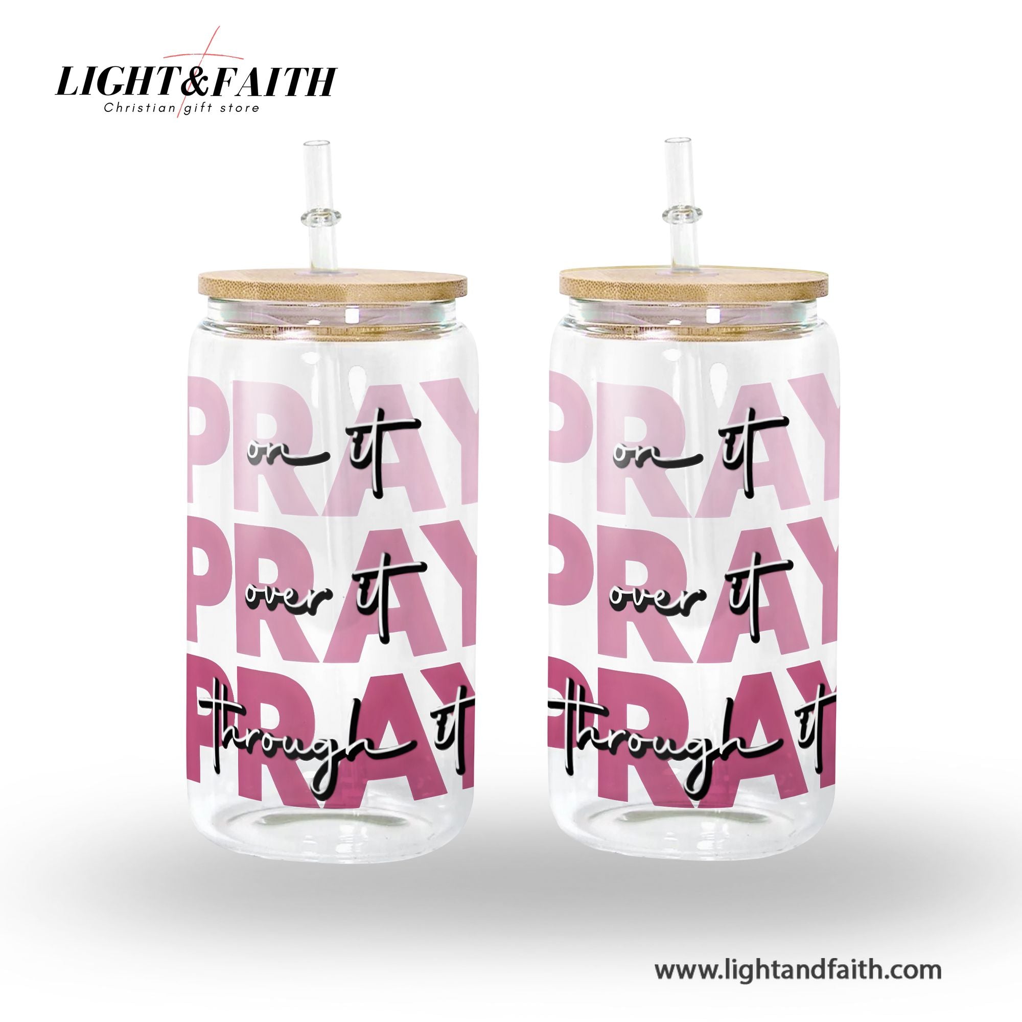 Christian Glass Can with Bamboo Lid and Straw, Pray On It Over It Through It Cup, Inspirational Scripture Iced Coffee Tumbler Gift GCLAF36